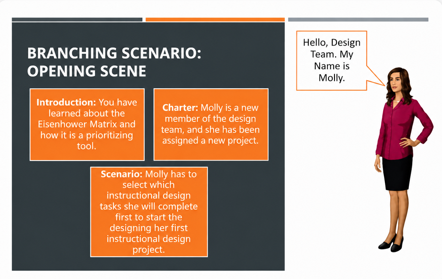 Branching scenario opening scene: introduction, charter and scenario framing with the character Molly