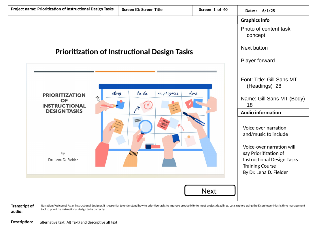 Storyboard page for screen 1 of the course, with graphics info, audio information, narration transcript and alt-text requirements
